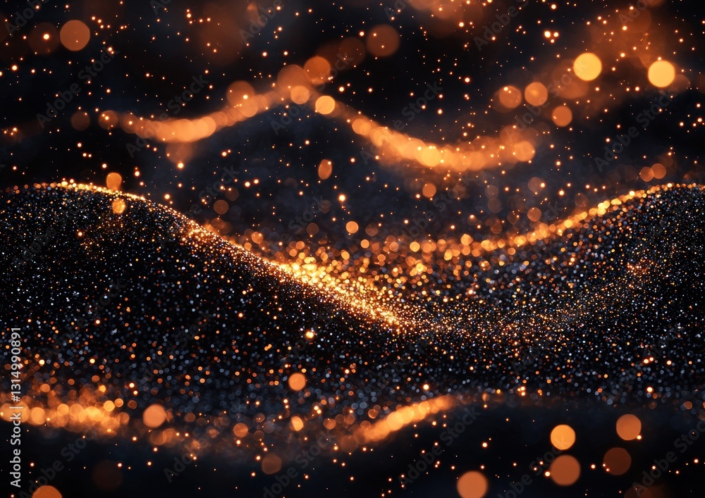 Poster abstract glittering particles flowing across a dark surface with bokeh lights