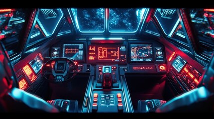 Futuristic spaceship cockpit with glowing controls and starry night view