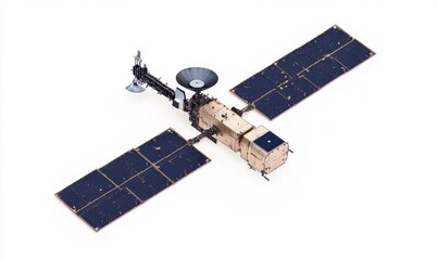 Satellite orbiting Earth, transmitting data, space background, science project