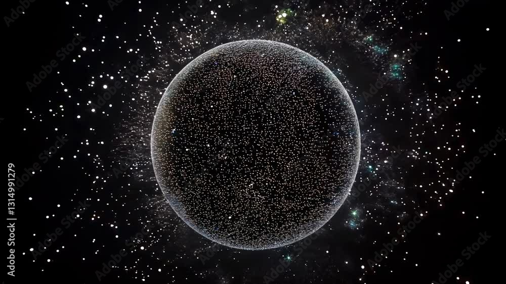Wall mural mysterious cosmic sphere surrounded by floating particles in deep space with glowing stars