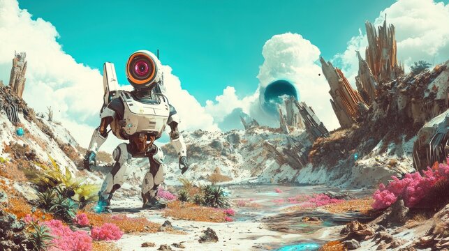 Futuristic Robot Explorer Wandering Alien Landscape Discovery Mission