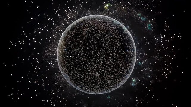 Mysterious cosmic sphere surrounded by floating particles in deep space with glowing stars