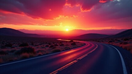 A scenic highway curves gently through a vast, arid landscape, bathed in the vibrant hues of a breathtaking sunset, casting a warm, inviting glow across the horizon.