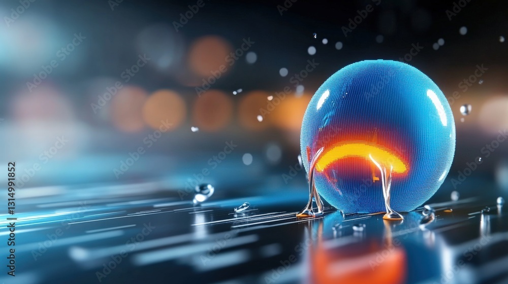 Poster dynamic droplet interaction with a blue sphere digital realm graphic visualization futuristic enviro