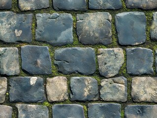 Obraz premium Seamless Pattern - Cobblestone pathway texture with green moss growing between the gray stones.