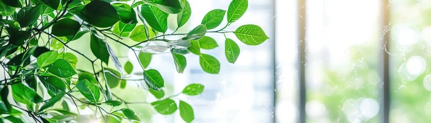 Green leaves by window, bright city view, nature, office, calm