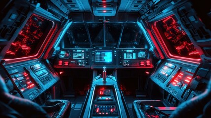 Futuristic spaceship cockpit.  Interior view of a futuristic spaceship cockpit.  Red and blue neon lighting illuminates the control panel.  High-tech design