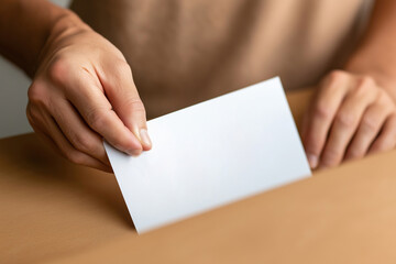Obraz premium Individual holding a blank card while seated at a wooden table in a simple indoor setting
