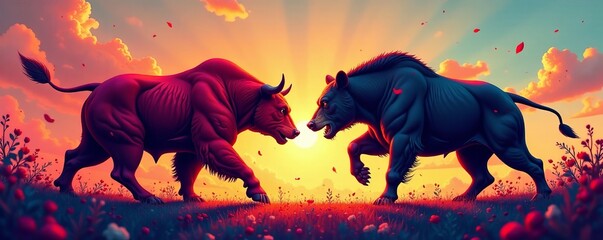 Illustration of a bull and bear fighting on a stock chart, market, fluctuation