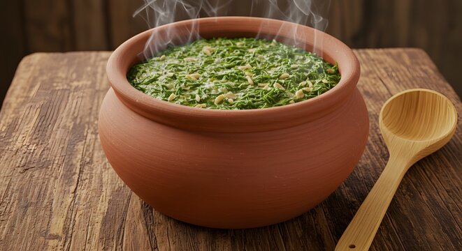 Steaming hot bowl of delicious creamy spinach soup recipe eat food clay meal home diet dish spoon