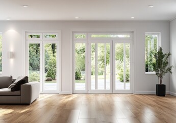 Fototapeta premium Bright, airy living room with hardwood floors, large windows, and patio doors opening to a lush green garden.