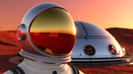 Astronaut on Mars, gazing at the red planet's landscape. A futuristic habitat dome is visible in the background, bathed in warm, sunset light.