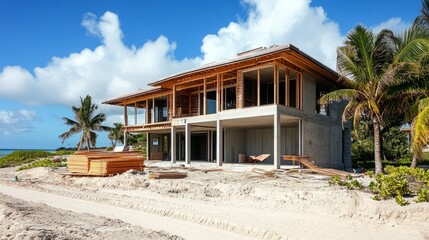 A large house is being built on a beach