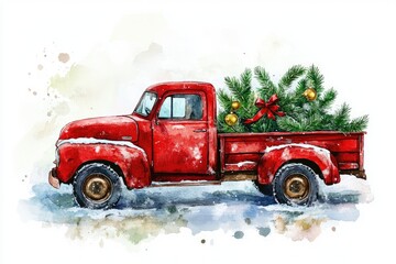 Vibrant Red Holiday Truck Transporting Christmas Trees in a Whimsical Winter Wonderland