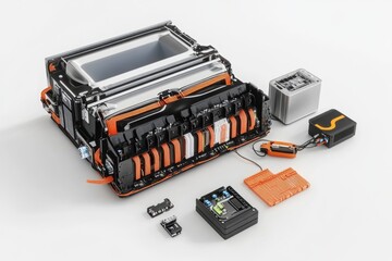 3D Breakdown of an Electric Vehicle Battery Pack with Connected Cables and Components on a White Background