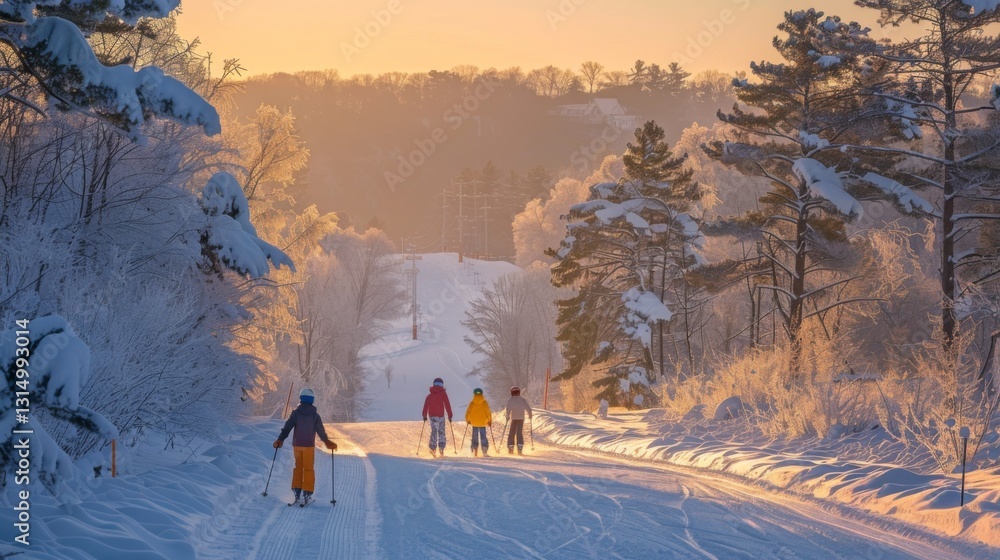 Aufkleber groups of hikers traverse a snowy pathway lined with frosted trees, with a warm sunset painting the 