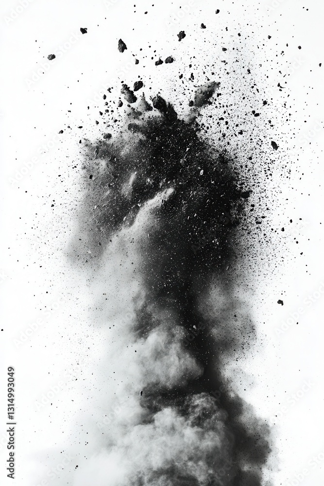 Poster dramatic black powder explosion against white backdrop creating abstract cloud of particles and dust