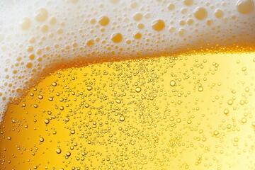 Golden beer bubbles rise to meet a thick white foam, creating a refreshing macro photography image perfect for beverage-related projects