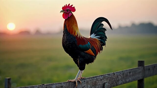 Rooster stands on a wooden fence in a field. The sun is setting in the background, casting a warm glow over the scene
