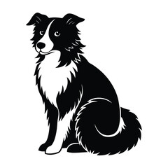Sheepdog Seated with Fluffy Tail Curled Silhouette on White Background