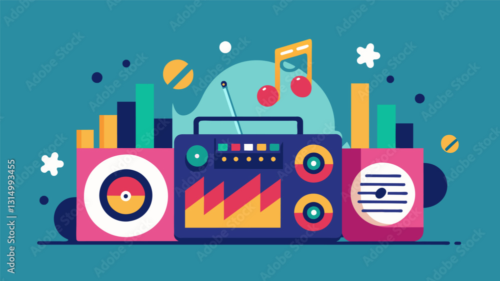 Poster the music system adjusts the volume and genre of music based on the mood and time of day.. vector il