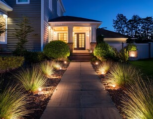 bright lighting showcasing landscape lights on the front walkway of an elegant home at night the path is lined with well maintained landscaping and plants leading to the house s entrance