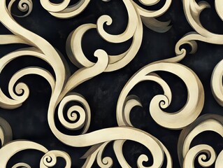 Seamless Pattern - Elegant swirls in creamy hues cascade across a deep black backdrop.