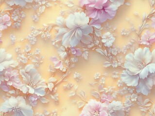 Seamless Pattern - Elegant floral pattern with white and pastel pink flowers on a light yellow background.