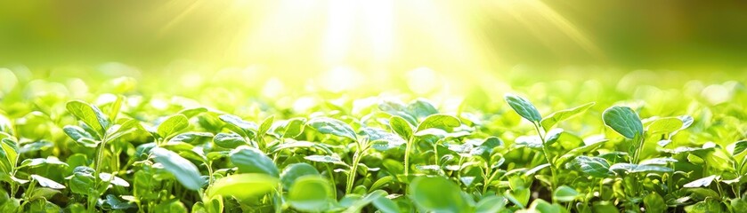 Sunny field of vibrant green seedlings; agriculture, growth, nature