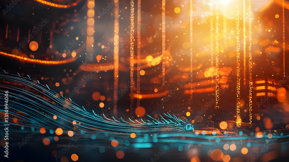 Poster abstract background with orange and blue bokeh lights and digital wave pattern ideal for festive des