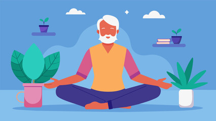 An older adult participating in a mindfulness workshop learning various techniques to improve their mental wellbeing and empower them to manage stress and negative emotions.. Vector illustration