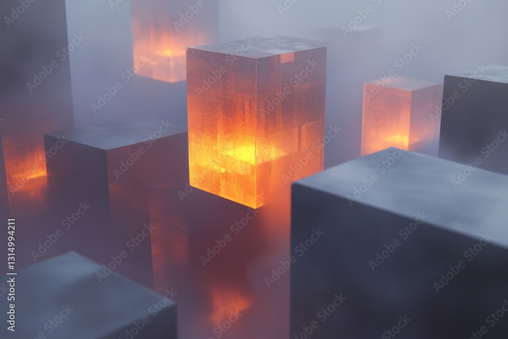 Poster glowing cubes in misty environment creating mystical atmosphere