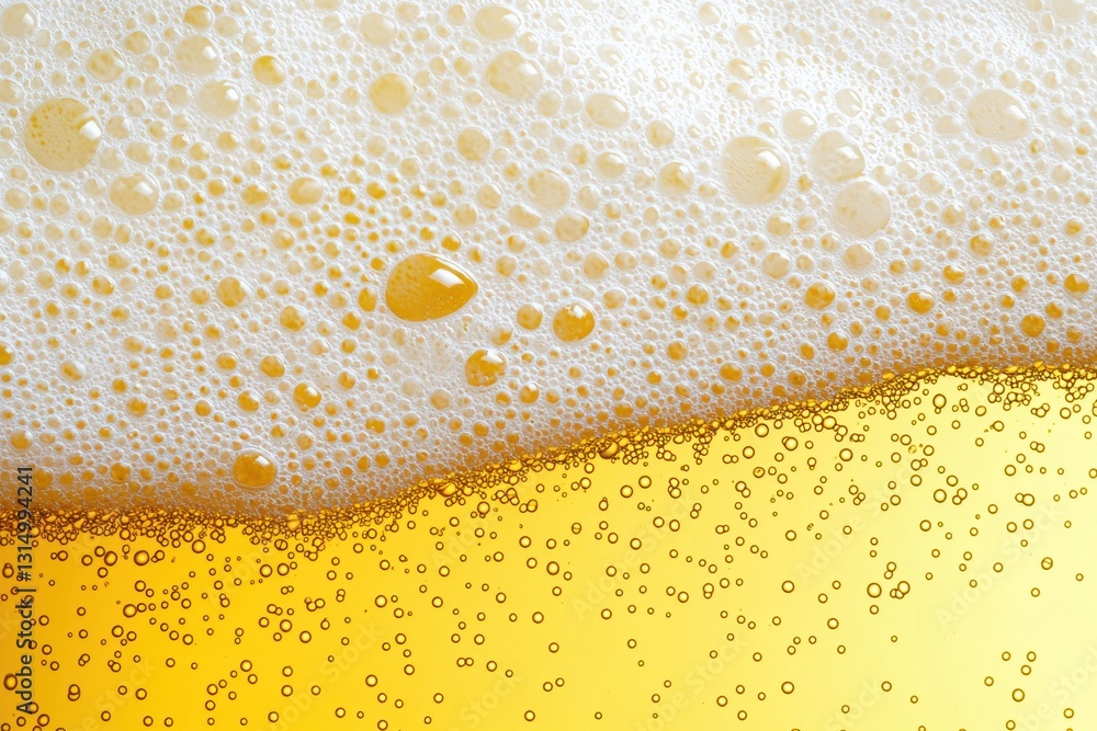 Poster Macro photograph of fresh beer foam bubbling on a yellow background, creating a refreshing and inviting visual