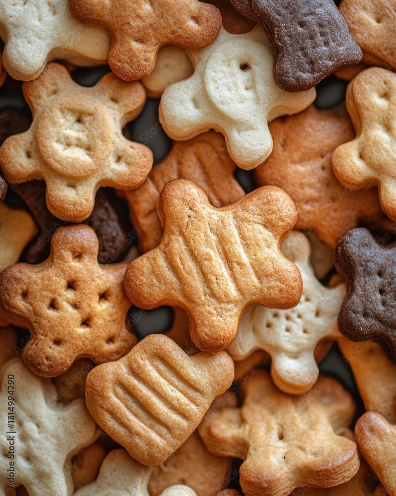 Poster assorted homemade cookies in various shapes and colors arranged closely together in a warm and invit