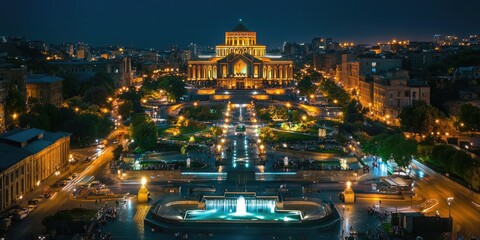 Obraz premium Nocturnal Landscape of Yerevan, Armenia: Captivating Cityscape from Cascade with Architectural Wonders