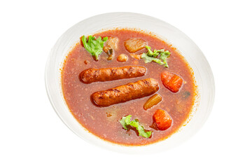 Tomato soup with sausages fresh tasty food dish delicious gourmet food background on the table rustic food top view copy space