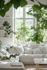 Bright, airy living room with white linen sofa and abundant indoor plants.