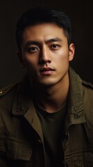 Obraz premium Young Asian Man Wearing Olive Green Jacket