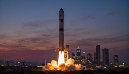 Futuristic rocket launching against urban skyline at dusk, innovation