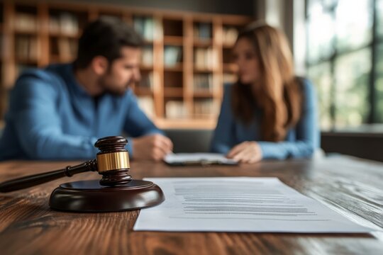 Wooden gavel and legal documents are lying on table, with couple reviewing documents in background
