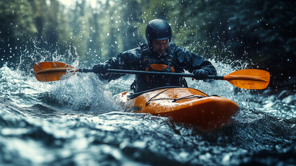 Fototapeta premium Wild river kayaking. A man in a protective helmet and waterproof jacket paddles down a fast-moving river surrounded by dense tropical vegetation, catching the powerful splash of the water.