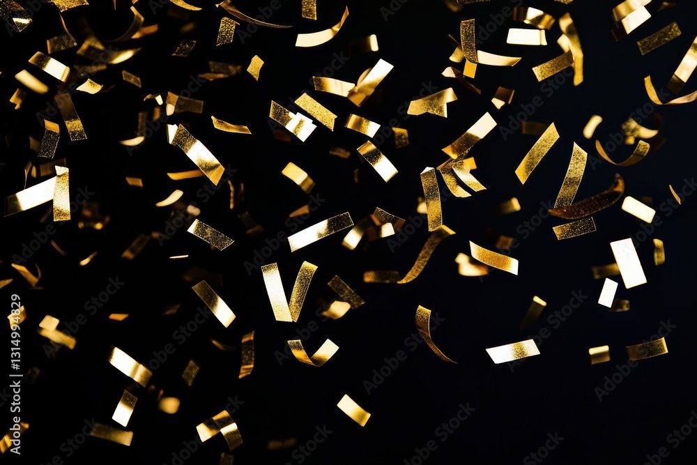 Poster shiny golden confetti falling against a black background, creating a festive and luxurious atmospher