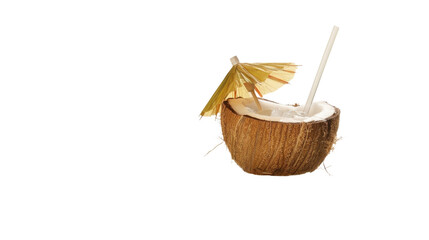 Fototapeta premium Fresh coconut cocktail with umbrella and straw on transparent background