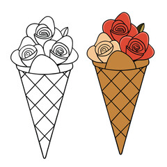 A waffle cone filled with vibrant roses and delicate flowers, drizzled with rich chocolate. A sweet and elegant combination, blending nature's beauty with indulgent flavors.