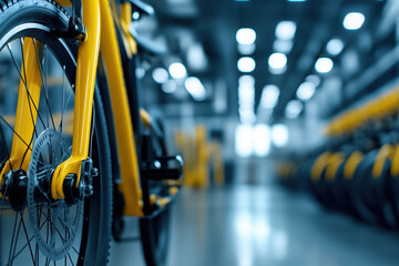 Fototapeta premium Bright yellow bicycle stands in a modern warehouse with industrial lighting