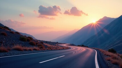 Fototapeta premium Serene Sunset Vista Winding Asphalt Road Through Majestic Mountains at Golden Hour