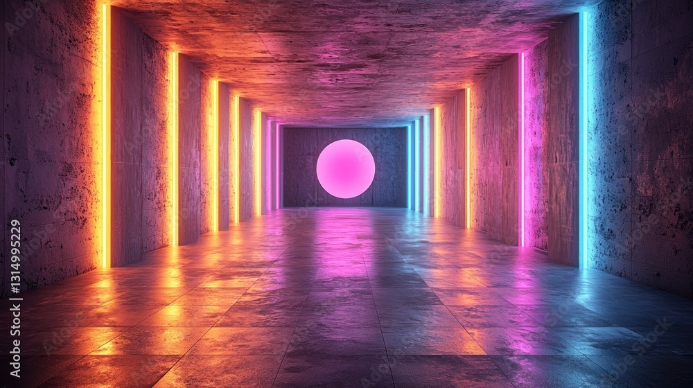 Poster glowing neon tunnel with a floating sphere creates a futuristic effect
