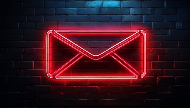 a glowing red neon envelope symbol on a dark brick wall representing email communication and digital messaging - Powered by Adobe