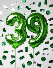 Green balloon number 39 for thirty-ninth birthday or anniversary party. White background with confetti