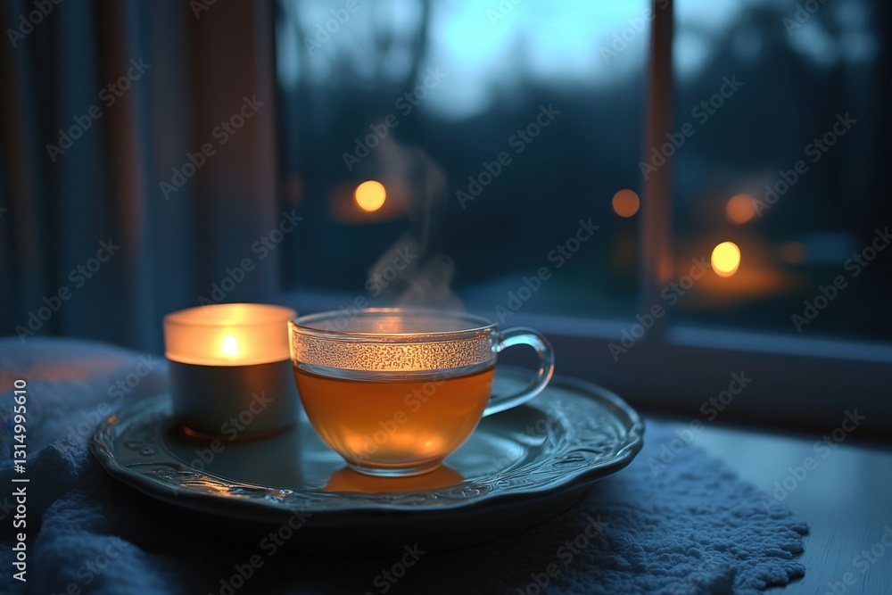 Poster cozy evening tea by the window with soft candlelight creating a serene and peaceful atmosphere for r